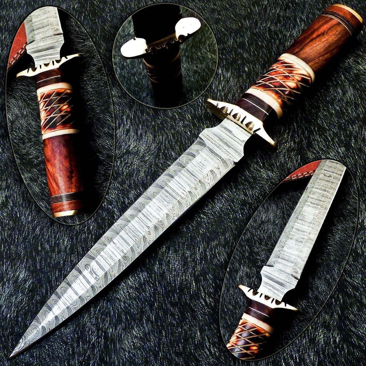 15 Inch Damascus Hunting Dagger Knife with Camel Bone and Wood Handle