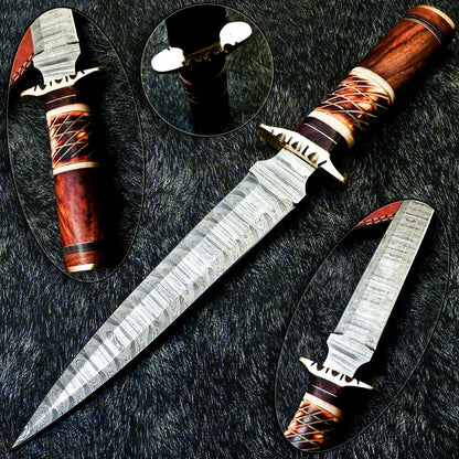 15 Inch Damascus Hunting Dagger Knife with Camel Bone and Wood Handle