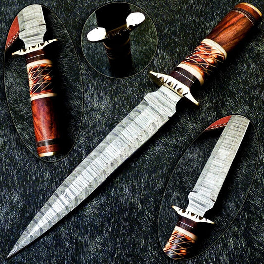 15 Inch Damascus Hunting Dagger Knife with Camel Bone and Wood Handle