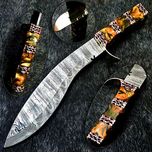 15 Inch Damascus Kukri Knife with Resin Handle and Brass Bolster