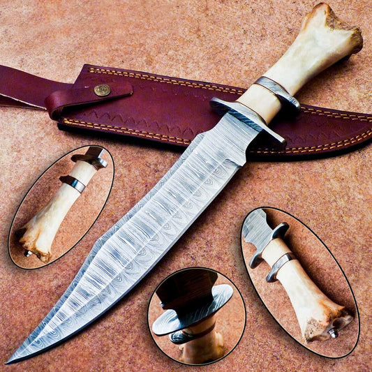 15 Inch Damascus Steel Bowie Knife with Camel Bone Handle