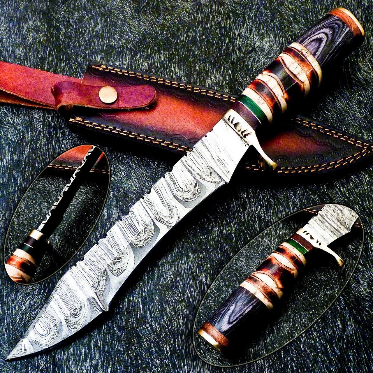 15 Inch Damascus Steel Bowie Knife with Camel Bone Handle and Brass Bolster