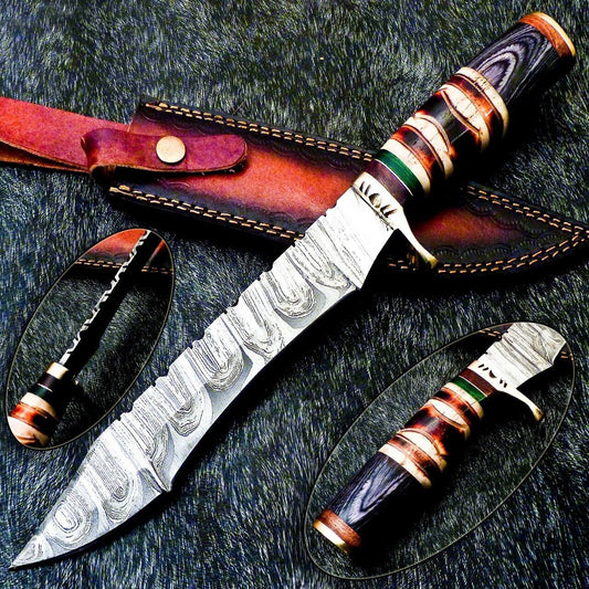 15 Inch Damascus Steel Bowie Knife with Camel Bone Handle and Brass Bolster