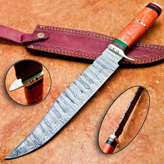 15 Inch Damascus Steel Bowie Knife with Hardwood Handle
