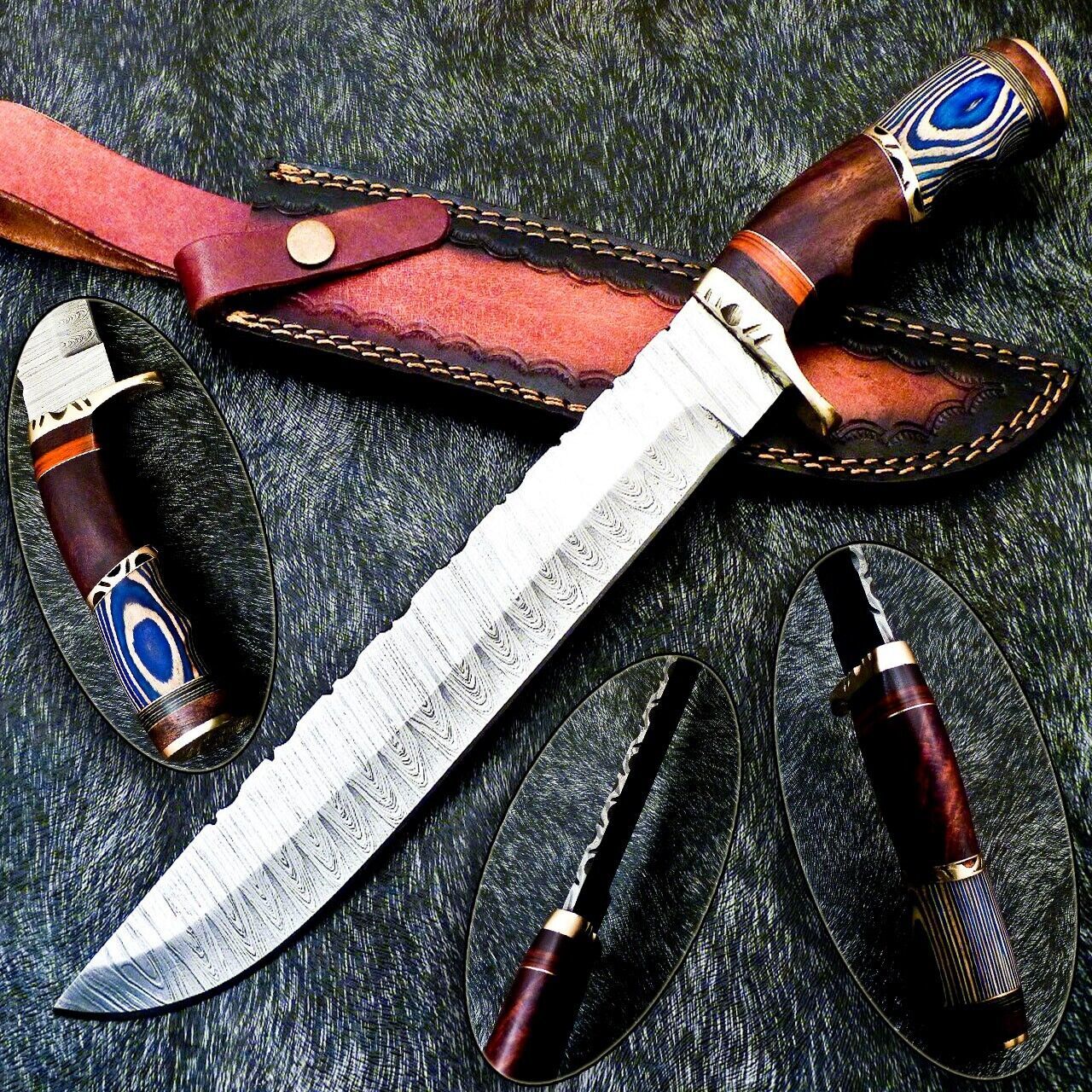15 Inch Damascus Steel Bowie Knife with Hardwood Handle for Hunting and Camping
