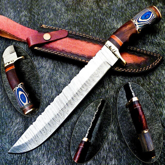 15 Inch Damascus Steel Bowie Knife with Hardwood Handle for Hunting and Camping