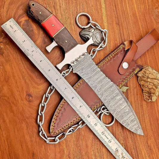 15 Inch Damascus Steel Bowie Knife with Wood and Resin Handle and Leather Sheath
