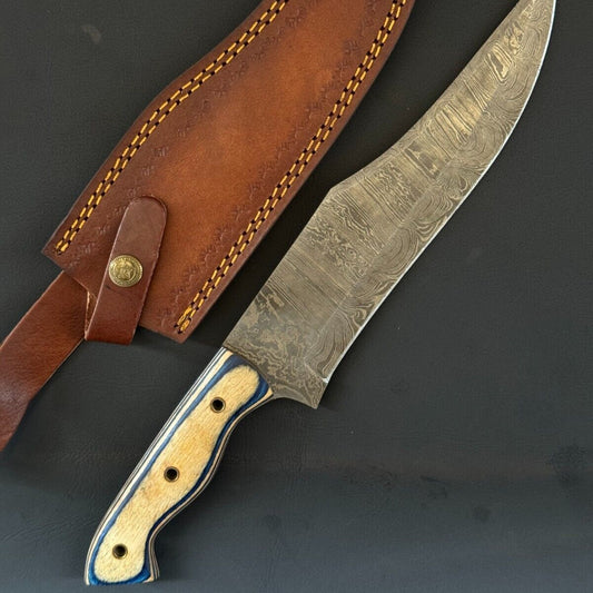 15 Inch Fire Storm Damascus Bowie Knife with Wood Handle for Hunting and Camping