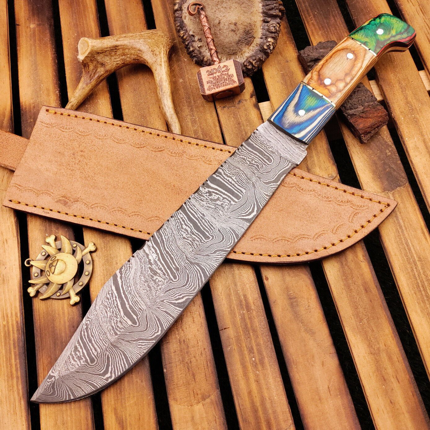 15 Inch Full Tang Handmade Damascus Steel Hunting Bowie Knife with Wooden Handle