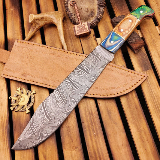 15 Inch Full Tang Handmade Damascus Steel Hunting Bowie Knife with Wooden Handle