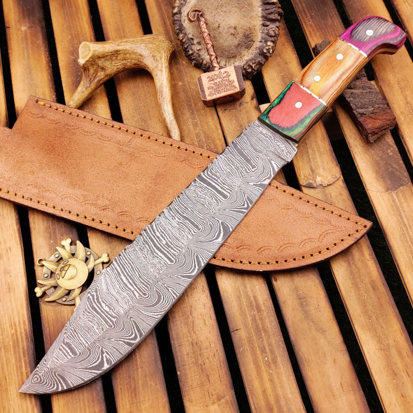 15 Inch Hand Forged Damascus Bowie Knife with Wood Handle and Leather Sheath