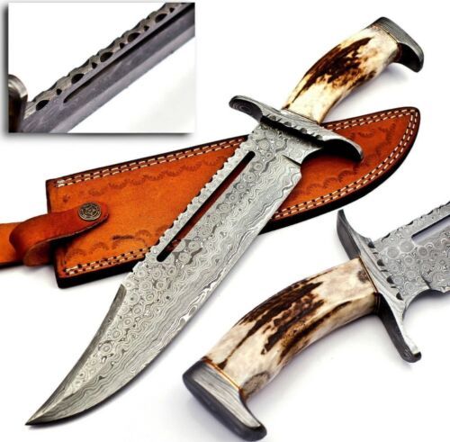 15 Inch Handmade D2 Steel Bowie Hunting Knife with Stag Stag Handle by Heritage Forge