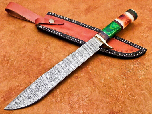 15 Inch Handmade Damascus Bowie Knife with Camel Bone and Hardwood Handle by Heritage Forge

