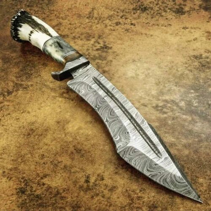 15 Inch Handmade Damascus Bowie Knife with Crown Stag and Bone Handle