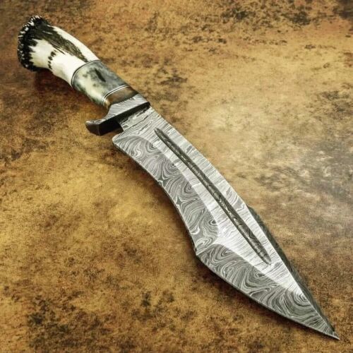 15 Inch Handmade Damascus Bowie Knife with Crown Stag and Bone Handle