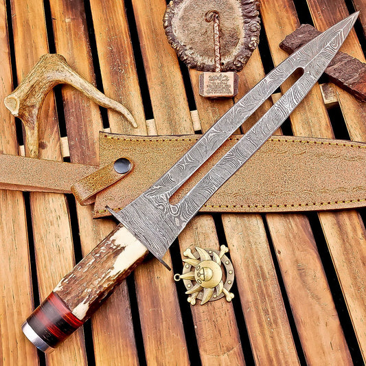15 Inch Handmade Damascus Dagger Knife with Stag Horn Handle and Leather Sheath