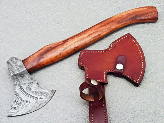 15 Inch Handmade Damascus Steel Axe with Natural Wood Handle and Leather Sheath