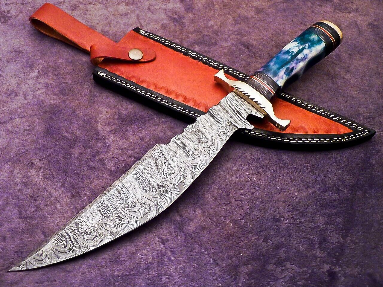 15 Inch Handmade Damascus Steel Bowie Hunting Knife with Epoxy Resin and Brass Handle by Heritage Forge