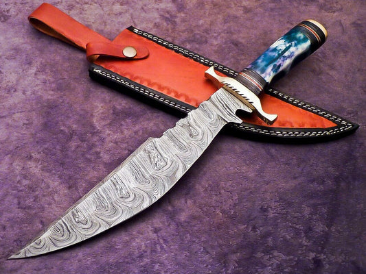 15 Inch Handmade Damascus Steel Bowie Hunting Knife with Epoxy Resin and Brass Handle by Heritage Forge