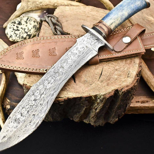 15 Inch Handmade Damascus Steel Bowie Knife with Camel Bone Handle