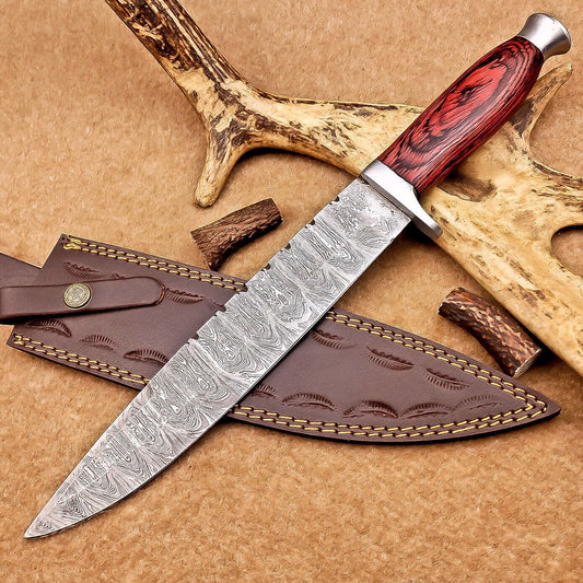 15 Inch Handmade Damascus Steel Bowie Knife with Hardwood Handle