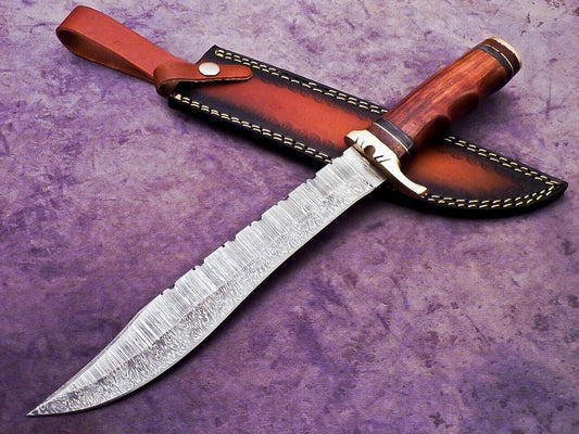 15 Inch Handmade Damascus Steel Bowie Knife with Natural Wood Handle by Heritage Forge

