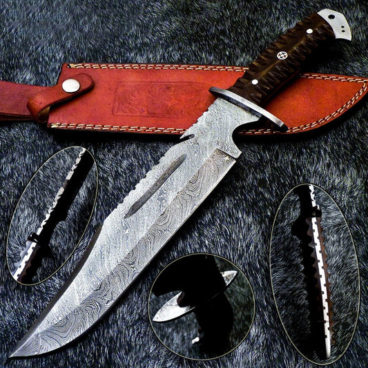 15 Inch Handmade Damascus Steel Bowie Knife with Resin Handle and Mosaic Pin
