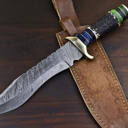 15 Inch Handmade Damascus Steel Bowie Knife with Stag Antler Handle