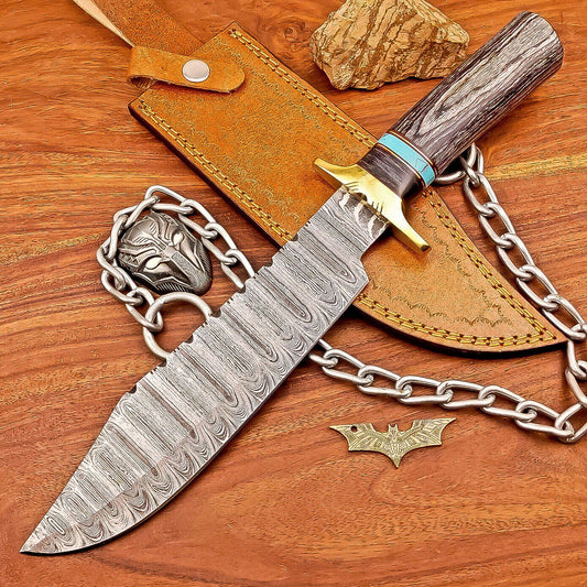 15 Inch Handmade Damascus Steel Bowie Knife with Wood Handle and Brass Bolster