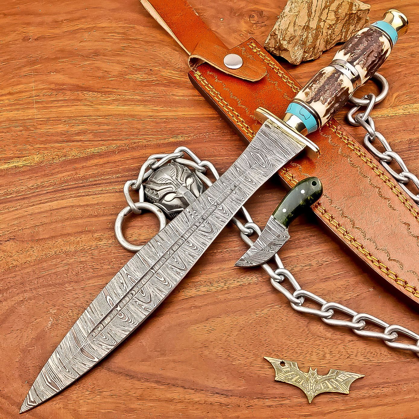 15 Inch Handmade Damascus Steel Hunting Bowie Dagger Knife with Stag Horn Handle