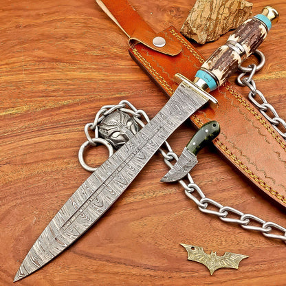 15 Inch Handmade Damascus Steel Hunting Bowie Dagger Knife with Stag Horn Handle