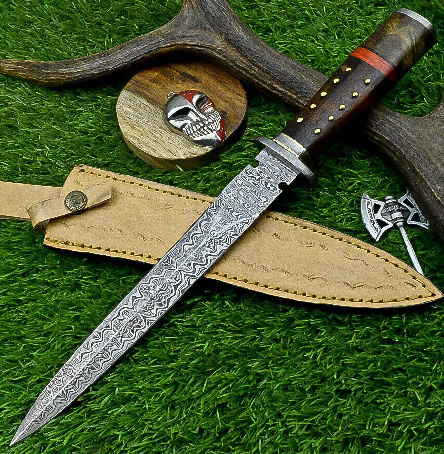 15 Inch Handmade Damascus Steel Hunting Dagger Knife with Natural Wood Handle and Sheath