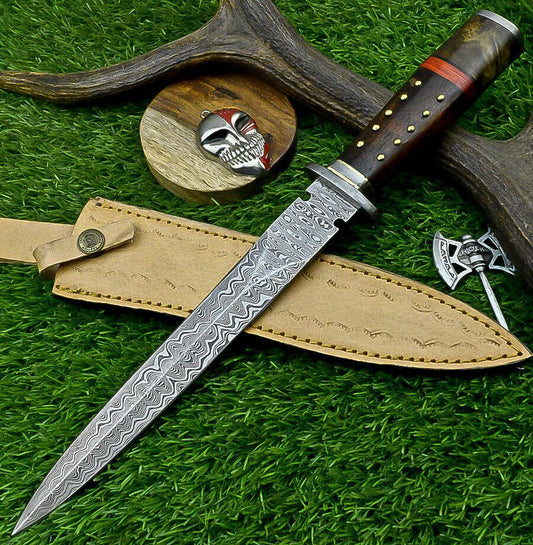 15 Inch Handmade Damascus Steel Hunting Dagger Knife with Natural Wood Handle and Sheath