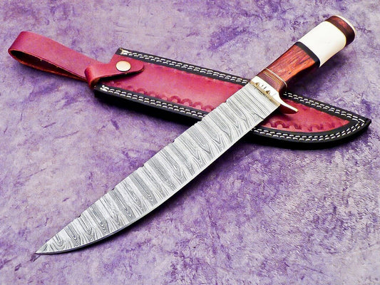 15 Inch Handmade Damascus Steel Hunting Knife with Camel Bone and Wood Handle by Heritage Forge

