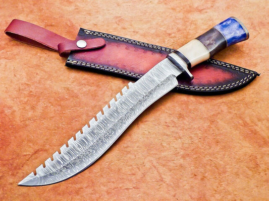 15 Inch Handmade Damascus Steel Hunting Knife with Stained Camel Bone and Resin Handle by Heritage Forge