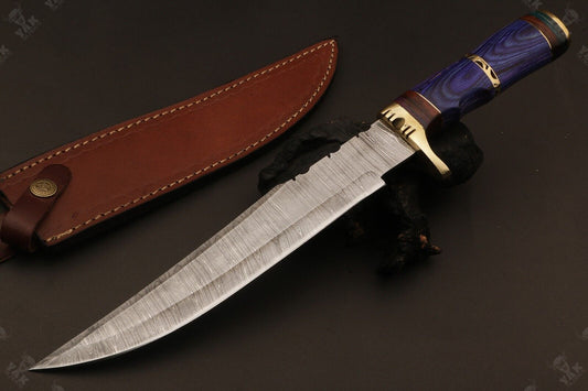 15 Inch Handmade Fire Damascus Steel Bowie Knife with Wood And Brass Handle by Heritage Forge