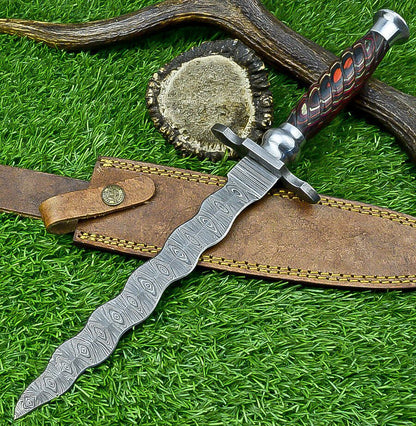 15" Kris Damascus Bowie Knife – Pakka Wood Handle & Steel Bolster