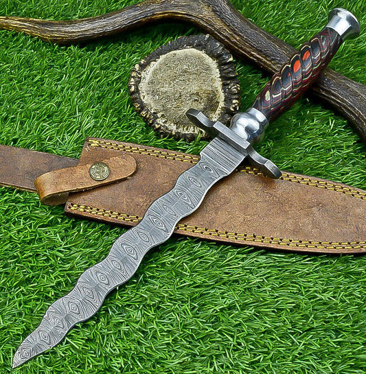 15" Kris Damascus Bowie Knife – Pakka Wood Handle & Steel Bolster