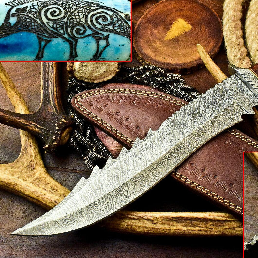 15" Laser Etched Damascus Bowie Knife | Stained Camel Bone Handle with Leather Sheath