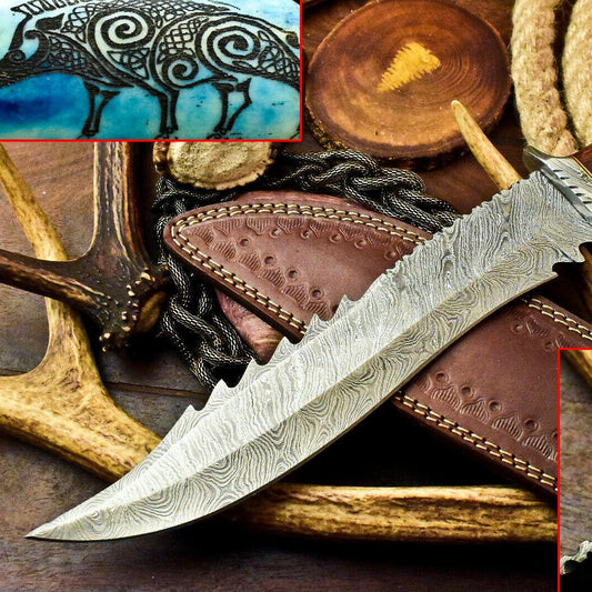 15" Laser Etched Damascus Bowie Knife | Stained Camel Bone Handle with Leather Sheath