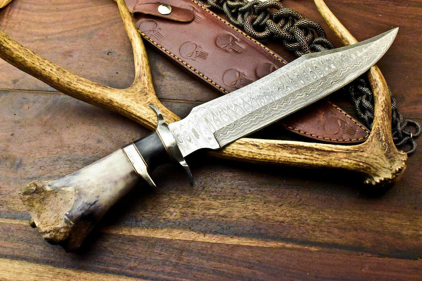 15" Premium Damascus Steel Knife Damascus Bowie Knife With Camel Bone Handle & Sheath
