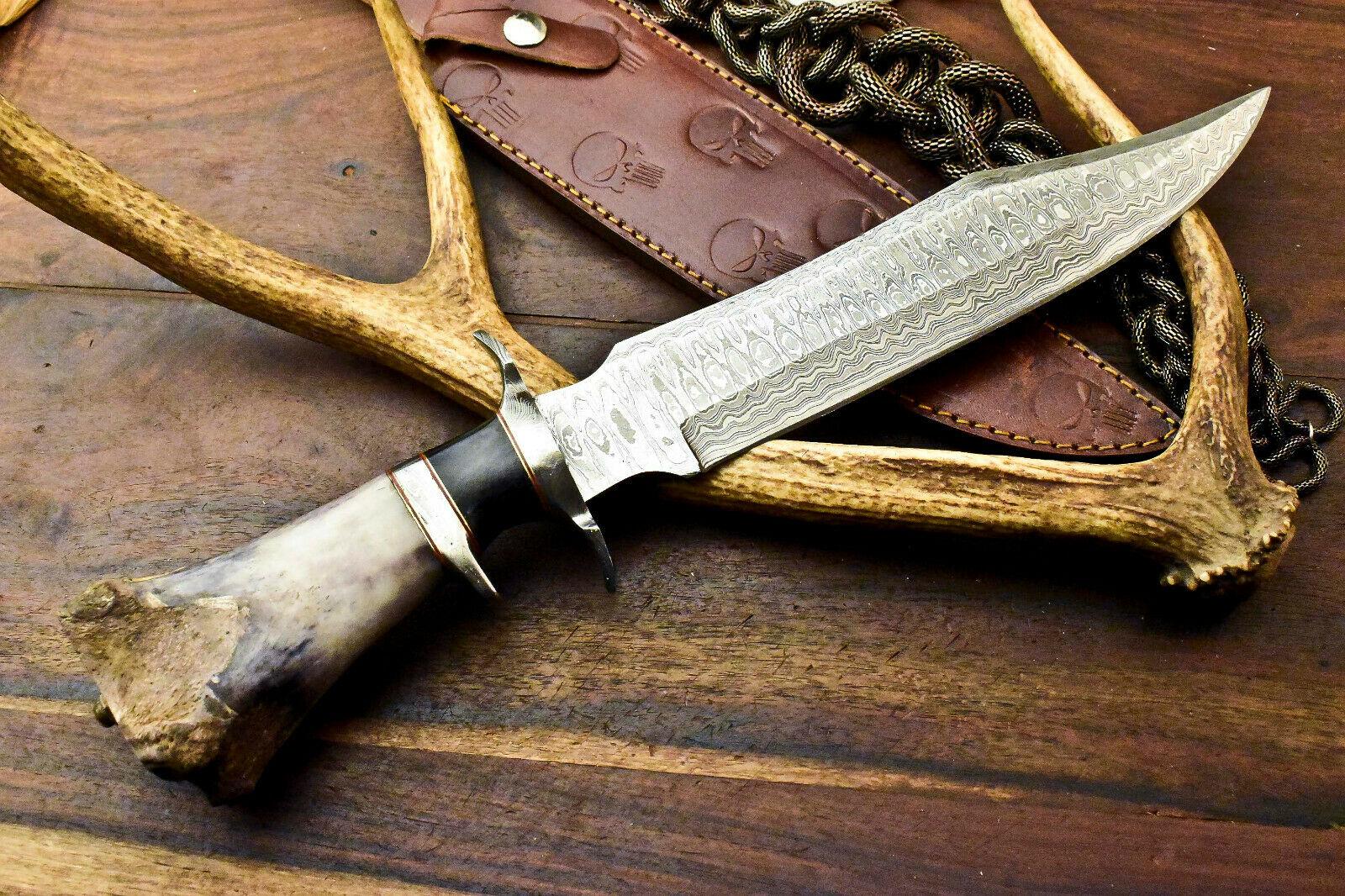 15" Premium Damascus Steel Knife Damascus Bowie Knife With Camel Bone Handle & Sheath