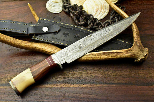 15" Premium Damascus Steel Knife Damascus Bowie Knife With Camel Bone & Walnut Handle