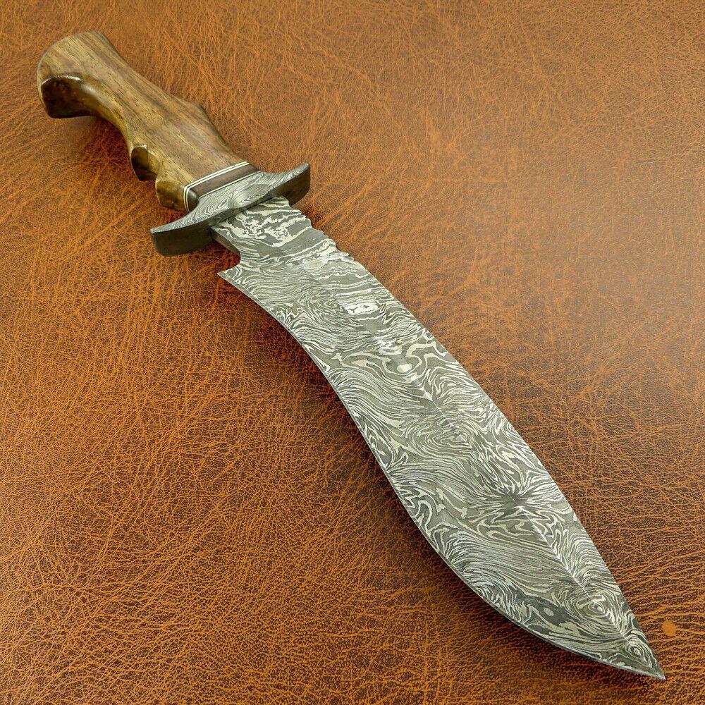 15" Sasquatch Damascus Steel Bowie Knife – Natural Wood Handle & Custom Sheath