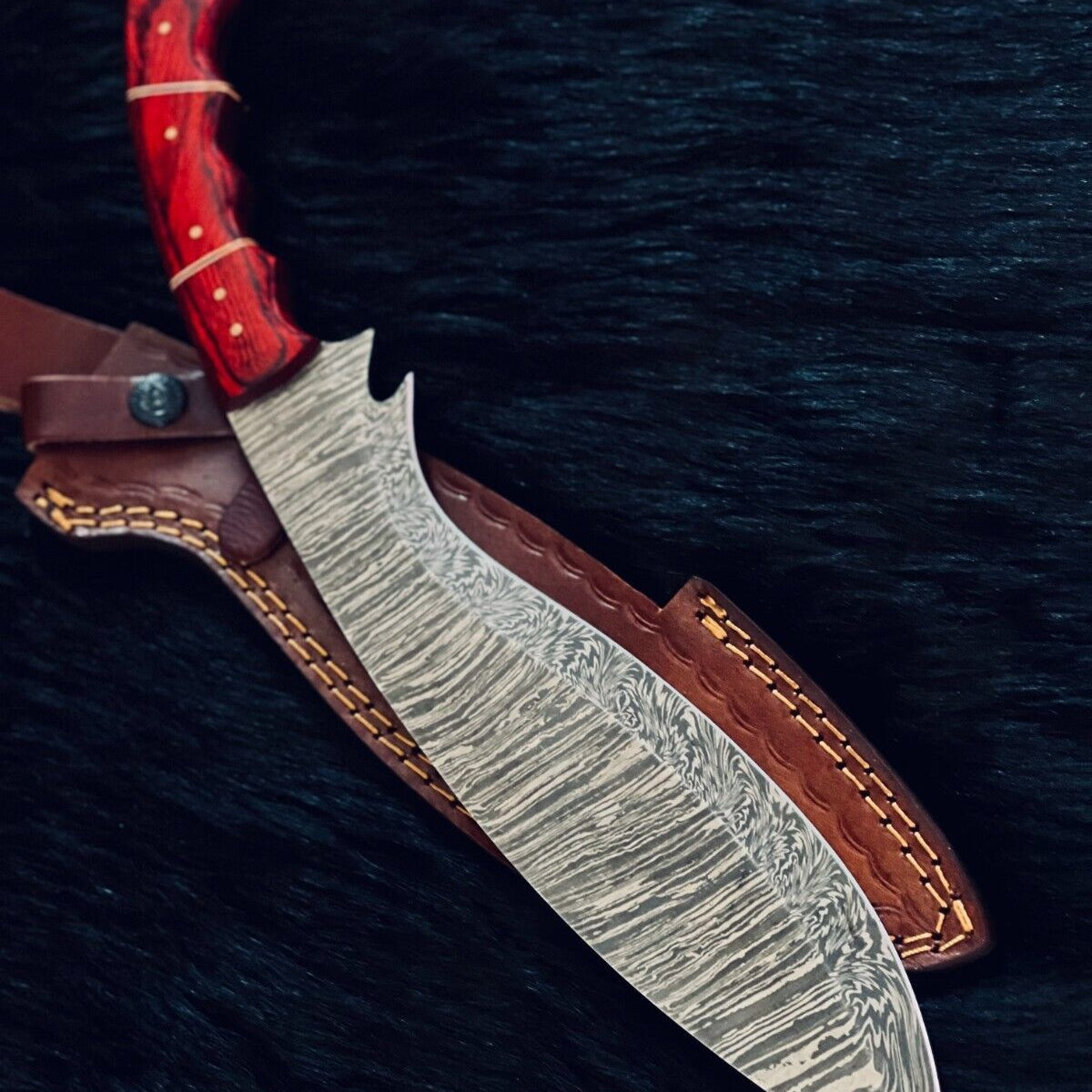 15" Twist Damascus Kukri Bowie Knife – Wood Handle