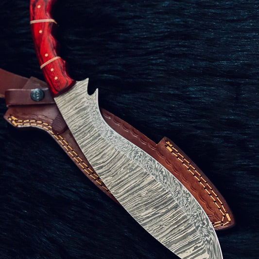 15" Twist Damascus Kukri Bowie Knife – Wood Handle