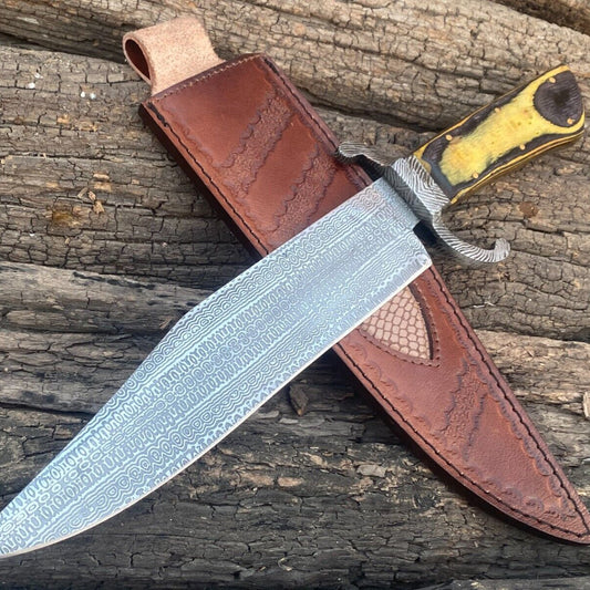  15" Twisted Damascus Steel Bowie Knife with Hardwood Handle & Leather Sheath 