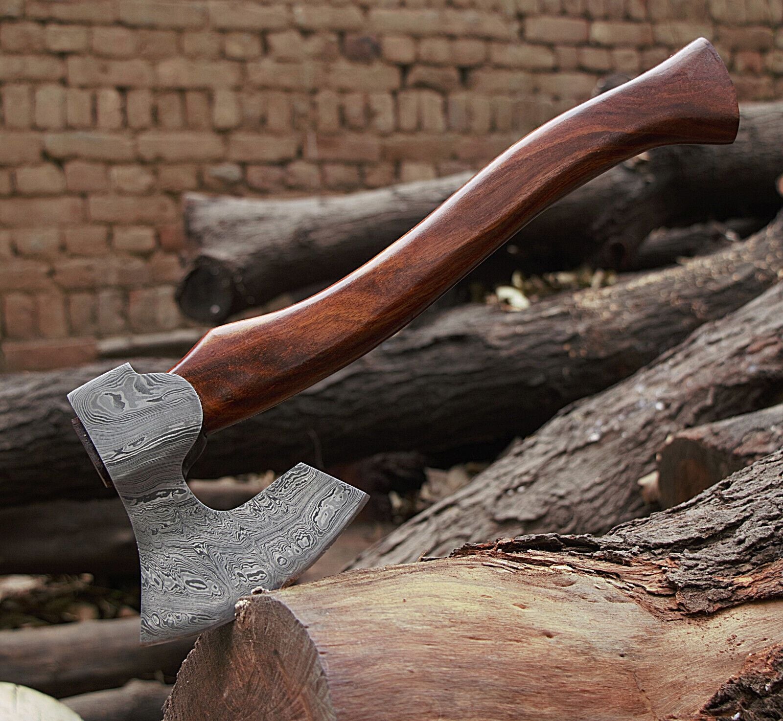 16-Inch Handmade Damascus Steel Axe Hatchet | Camping Bearded Viking Axe with Rosewood Handle & Leather Sheath