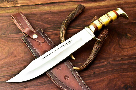 16.25" Custom Handmade D2 Steel Bowie Knife – Engraved Camel Bone Handle with Leather Sheath
