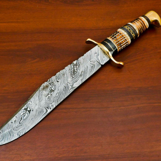 16.5" Damascus Bowie Knife – Burn Camel Bone & Pakka Wood | Brass Pommel